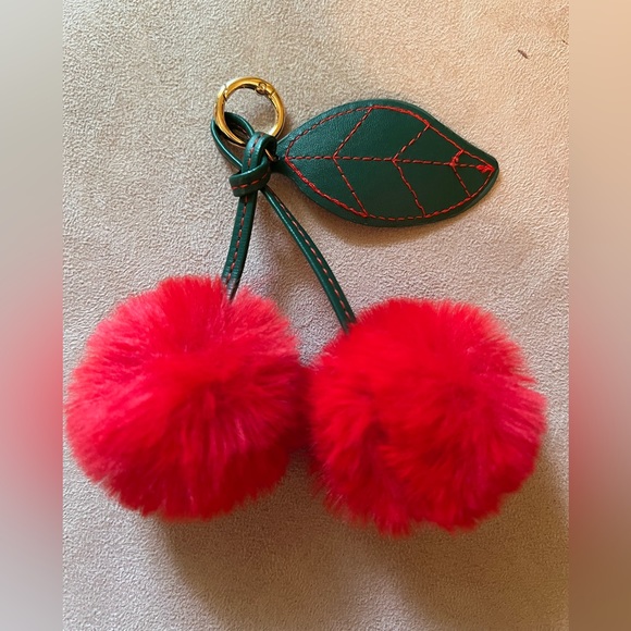 Accessories - Cherry Pom Pom Keychain or Bag Charm with Leaf Accent NWOT
